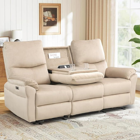3 Seater Power Reclining Sofa, Loveseat Recliner Sofa Reclining Couch with Drop-Down Table & Cup Holders, Wall Hugger Sofa Recliner for Living Room Furniture Sets (Beige)