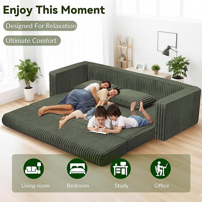 HABUTWAY Folding Sofa Bed, 2 in 1 Convertible Sleeper Chair with 2 Pillows, Portable Fold Out Chair Bed with Armrest, Comfy Floor Couch, Lazy Sofa for Living Room Bedroom Dorm Home Office, Green