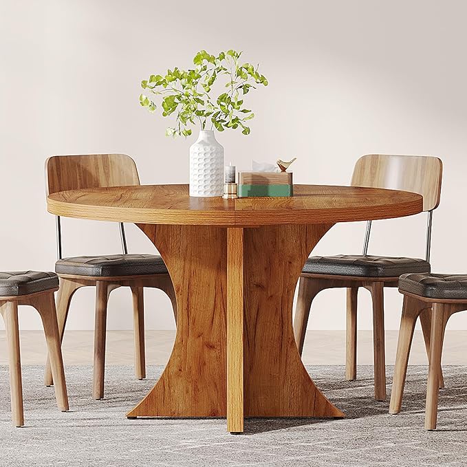 Tribesigns Round Dining Table for 4-6, 47.24-Inch Farmhouse Kitchen Table, Wood Dining Table with Pedestal Base, Small Dinner Table for Dining Room,Living Room, Small Space, Brown