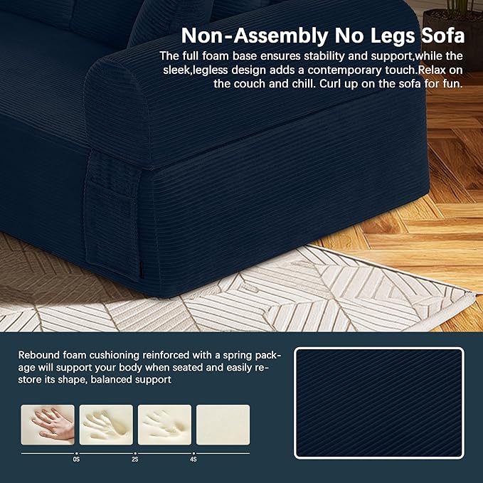 83" Modern Sofa in a Box, No Assembly Oversized 3 Seater 28" Deep Seat Cloud Sofa Bed Couch with 4 Furry Pillows & Corduroy Fabric, Boneless Couch with Side Storage Pockets for Living Room, Navy Blue