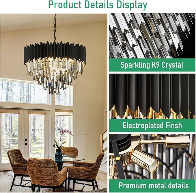8-Light Large Crystal Chandeliers 24" Dining Room Light Fixture 5-Tier Flush Mount Smoke Gray and Black Crystal Chandelier Round Pendant Light for Dinning Room Living Room Entryway Foyer