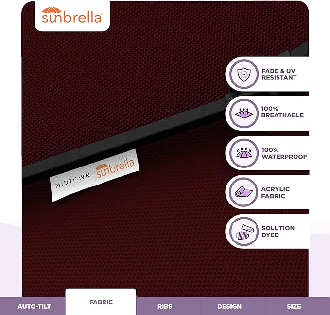 Midtown Umbrellas - The Lean 10 Ft Patio Umbrella with Fade-Resistant Sunbrella Fabric, Auto-Tilt Aluminum Frame and 8 Reinforced Ribs for Deck, Pool & Garden - Burgundy Canopy, Black Pole