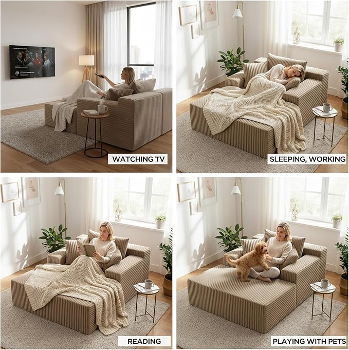 Sytopia Chaise Lounge with Armrests, Oversized Sofa Bed with 3 Pillows, Cozy Couch, Sleeper Reading Chair for Living Room Bedroom, Floor Sofa Corduroy, Furniture Sala, Cashmere Beige