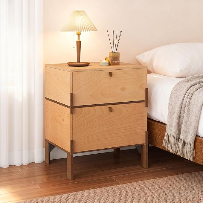 23" Night Stand, Easy Assembly Bedside Table with 2 Storage Drawers, Mid-Century Style Wood End Table for Bedroom, Dormitory, Beech and Basswood Color Combo (1 pcs)