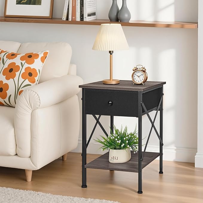 VECELO Nightstand, X-Design End Side Table with Fabric Storage Drawer and Open Shelf, Bedside Night Stand with Steel Frame for Bedroom, Living Room,Dorm, Easy Assembly, Gray