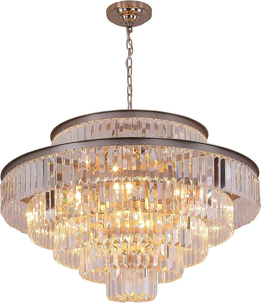 Modern Style Crystal Chandeliers & LightsRound Hanging Classic, Pendant Ceiling Chandelier Lighting Fixture 6-Tier for Dining Room Living Room(Nickel,31inch)