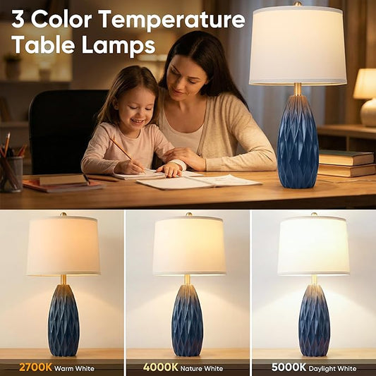 Modern Table Lamp for Living Room, Bedside Lamp Set of 2, Navy Blue Resin Table Lamp, Bedroom Lamp for Nightstand with Linen Shade, Diamond-Shaped Lamp Body,Desk Lamp for House Dorm(2 Bulbs Included)