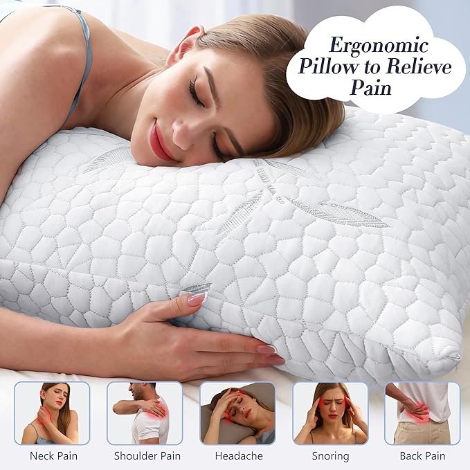 Yettbea Adjustable Shredded Memory Foam Pillows Standard Size Set of 2, Luxury Cooling Bamboo Rayon Pillow w/Washable Zippered Cover, Soft or Firm Support Bed Pillow for Side, Back, Stomach Sleeper