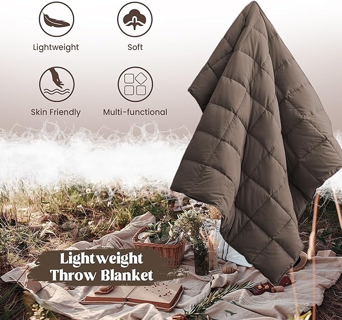 puredown® Soft Feather Down Throw Blanket Lightweight Packable Couch Throw for Indoor and Outdoor Use, Throw 50"X70", Chocolate
