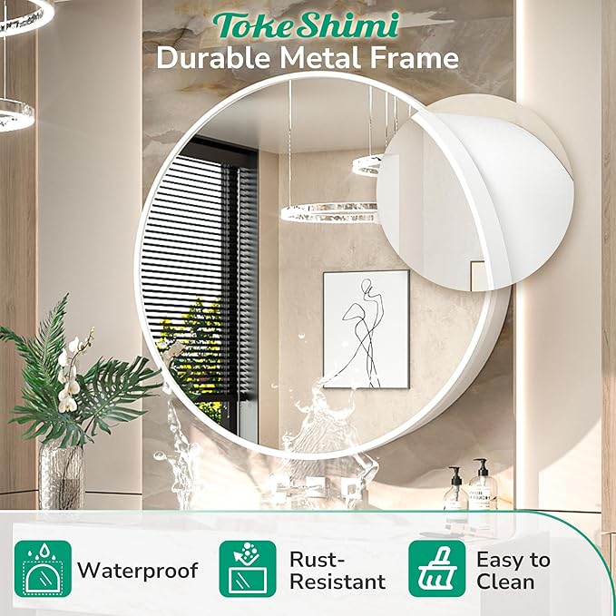 TokeShimi 24 Inch Round Bathroom Medicine Cabinet with Mirror Surface Mount Only Circular White Framed Farmhouse Medicine Cabinets for Wall Small Circle Mirrored Bath Cabinet with Vanity Mirror