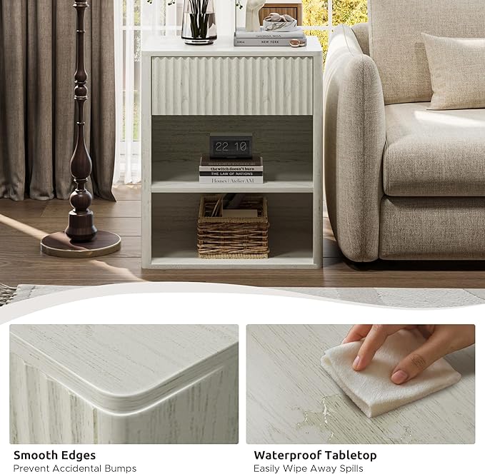 Nightstand Bedside Table Storage Drawer - Large Mid Century Modern Night Stand with Fluted Wood Storage Drawer and Open Shelf Bed Side Table for Bedroom Study Room, Ash White, Set of 1