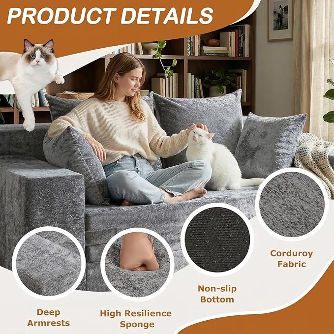 Convertible Sofa Bed, 5 in 1 Small Boneless Couch Pull Out Loveseat Sleeper Sofa,Corduroy Futon Couch Folding Mattress with 4 Pillows for Living Room (Light Gray, Loveseat(Silky Velvet))