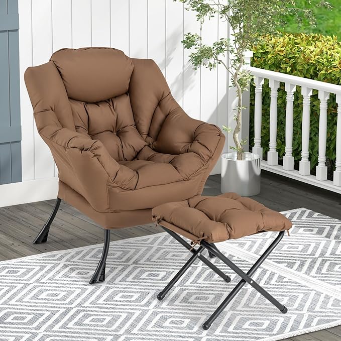 GORELAX Lazy Chair with Ottoman, Modern Accent Chair w/Armrests & Side Pocket, Upholstered Lounge Sofa Chair & Folding Footstool Set, Reading Chair for Bedroom, Living Room, Dorm Room (Brown)
