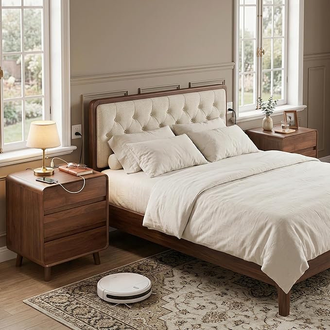 3 Drawer Dresser, Mid Century Modern Bedroom Dresser with Charger Station, Small Wooden Bed Side Table, Curved Beveled Design, Walnut