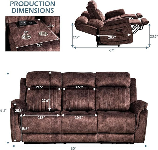 Zero Gravity Power Reclining Sofa with Adjustable Headrest, Electric Reclining Couch with Wireless Charge, USB Ports, Power 3-Seater Recliner Sofa with Drop Down Table, Outlet (Brown)