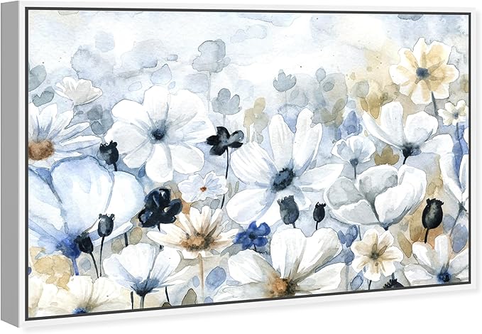 The Oliver Gal Artist Co. Floral and Botanical Wall Art Framed Canvas Prints 'Fields Flowers Home Décor, 54" x 36", Blue, White