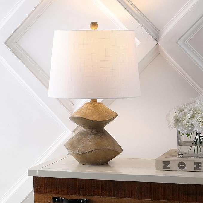 JONATHAN Y 24.5" Brown Wood Finish Coastal 3-Stack Cairn LED Table Lamp for Living Room, White Linen Shade, Rustic Mid-Century Modern Bedside Lamp for Bedroom Office (JYL4062A)