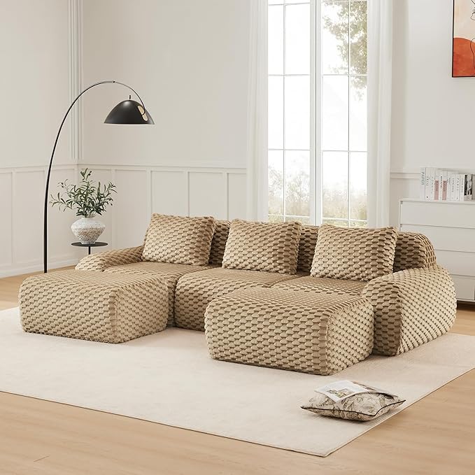 KEIKI 114" Oversized 3-Seater Boneless Couches for Living Room, Flexible Modular Sectional Velvet Sofa U-Shaped, Deep Seat Soft Cushion No Assembly Couch for Home, Modern Comfort Design, Light Camel