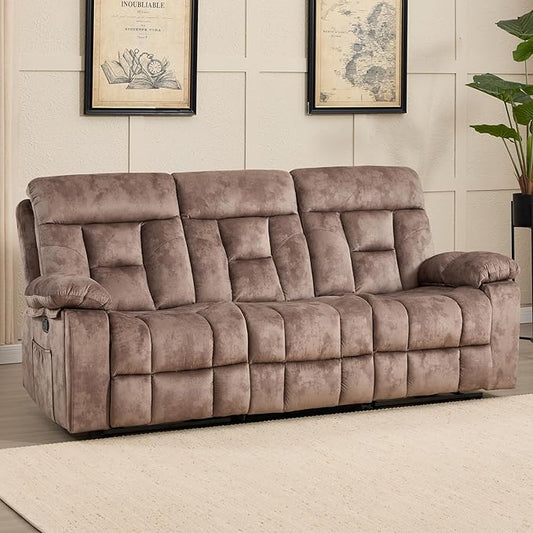 CANMOV 3 Seat Manual Recliner Sofa, Modern Reclining Sofa with Overstuffed Armrest, Hidden Cup Holders, for Living Room, Camel-Brown