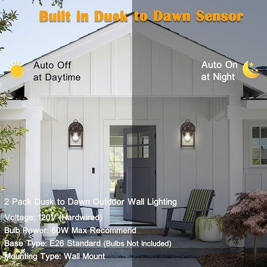 Dusk to Dawn Outdoor Wall Lantern, Modern Exterior Light Fixtures Wall Mount, Waterproof Front Door Wall Lighting with Clear Glass, Bronze Outdoor Wall Lights for House, Garage, 4-Pack