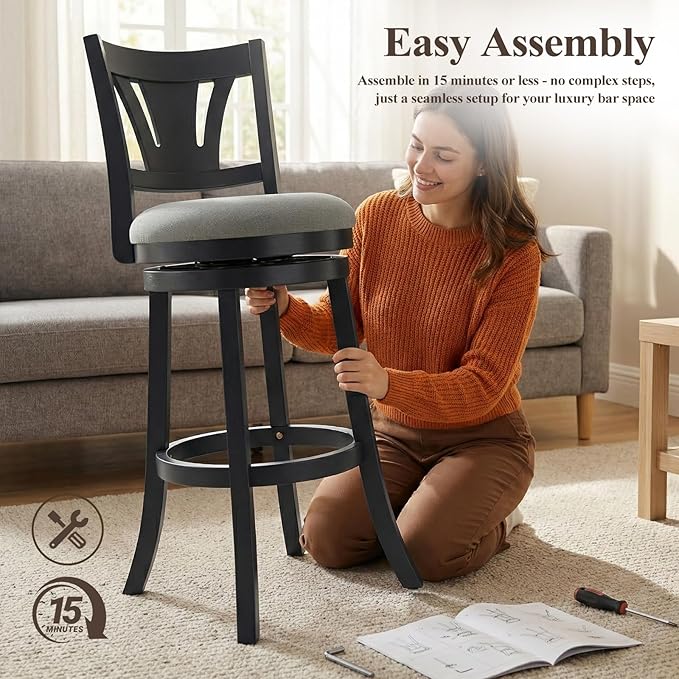Swivel Bar Stools Set of 5,30 Inch Bar Height Barstool with Silent Rotation, High-Density Foam Cushion, Solid Wood Frame, Footrest & Anti-Slip Pads for Kitchen Islands and Home Bars (Grey)