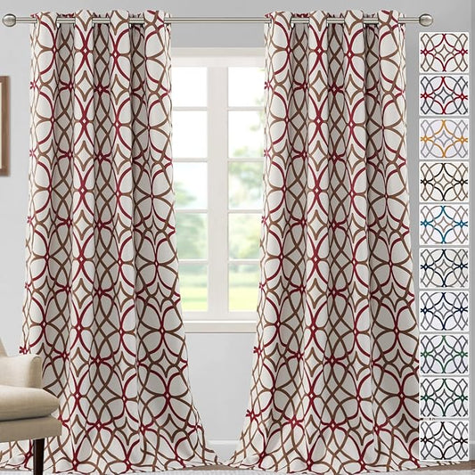 H.VERSAILTEX Printed Design Blackout Curtains for Bedroom 96 Inch Length Thermal Insulated Curtains for Bedroom Living Room Modern Grommet Window Drapes 2 Panels Set, Taupe and Red