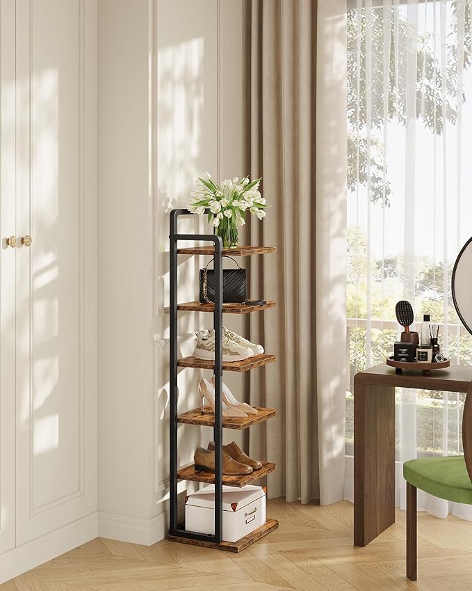 6-Tier Vertical Shoe Rack, Narrow Shoe Tower, Corner Shoe Storage Organizer, Shoe Shelf, for Small Spaces, Industrial Style, for Entryway, Hallway, Living Room, Rustic Brown and Black TXJ06BF