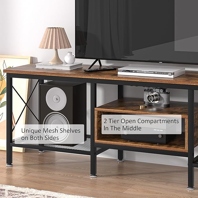 VECELO Industrial TV Stand for 70 Inch Television Cabinet 3-Tier Console with Open Storage Shelves, Entertainment Center Metal Frame for Living Room, Bedroom, 63 Inch, Dark Brown