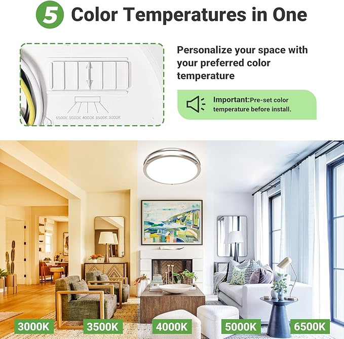 zemty 1Pack 13Inch Brushed Nickel LED Flush Mount Ceiling Lights, Dimmable 3000K-6500K, 24W 2400LM Damp-Rated Stainless Steel Light Fixture for Kitchen Bathroom Bedroom Closet Laundry