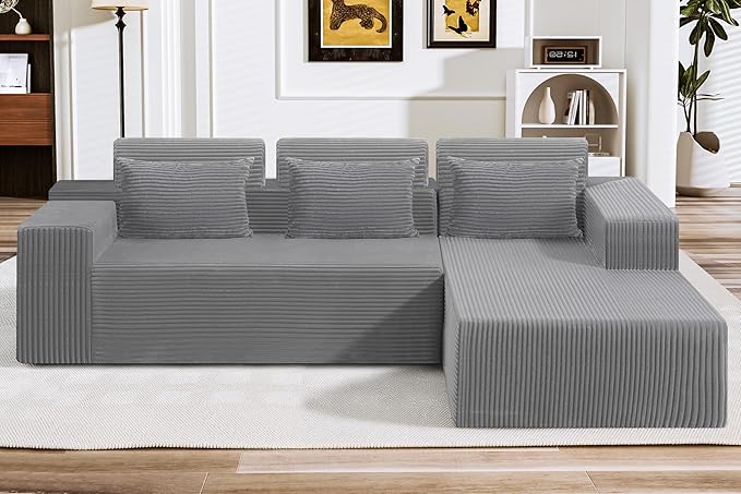 HABUTWAY Sectional Couches for Living Room,No Assembly L Shaped Couch 105" Modular Sectional Sofa Couch with Deep Seat,Cloud Couches Furniture Sets for Apartment,Corduroy (Light Grey, Right Facing)