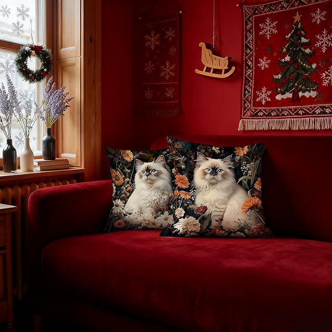 William Morris Inspired-Floral Siamese Cat Pillow Covers 18x18 Set of 2,Siamese Cat Gifts for Women,Dark Cottagecore Botanical Kitty Kitten Decorative Pillow Covers for Home Living Room Bedroom