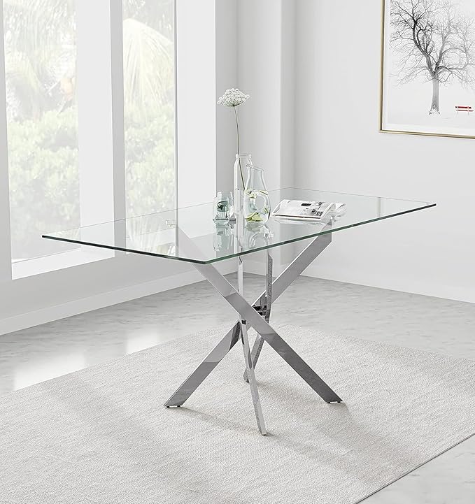Tempered Glass Dining Table with Chromed Legs, 47in Rectangular Kitchen Table for Kitchen Dining Room Home Office (47.24 * 27.55, White/Silver)