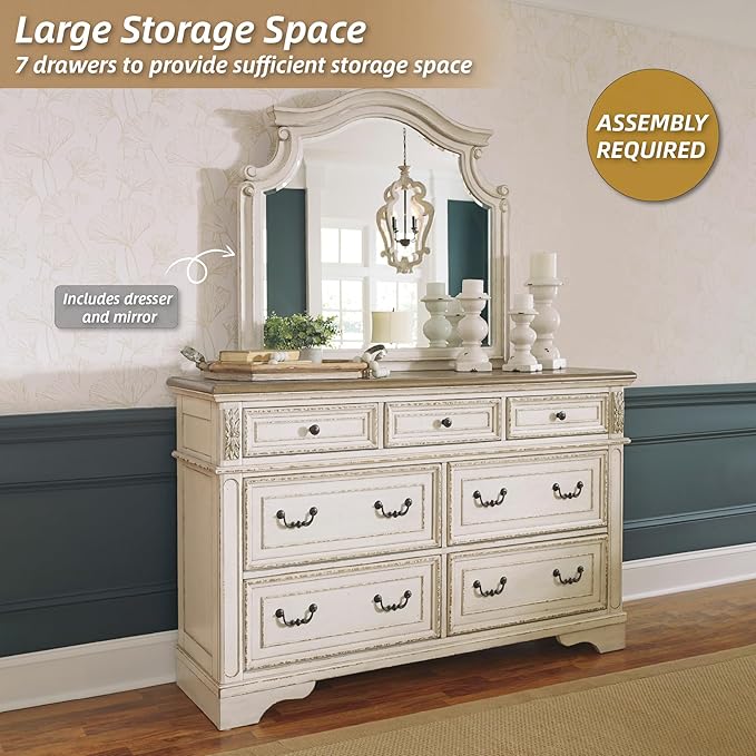 Signature Design by Ashley Realyn Vintage Smooth-Gliding 7-Drawer Dresser and Mirror with Safety Stop, White & Light Brown