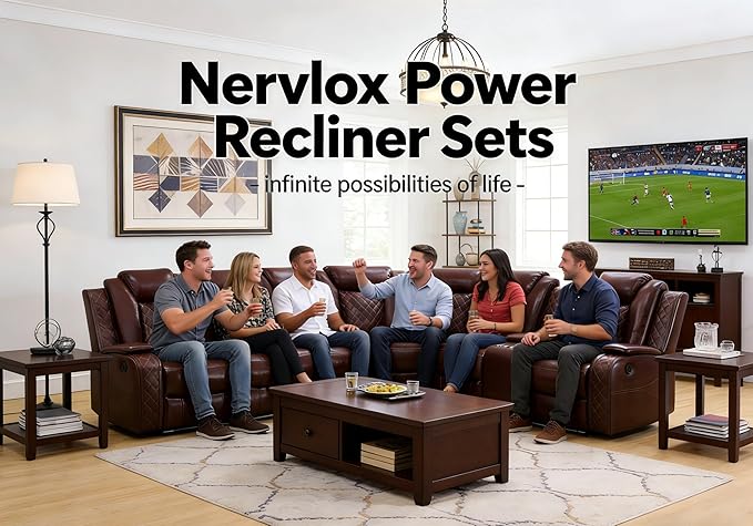 Leather Power Recliner Sectional Sofa, Brown Power Sectional Sofa Sets, LED Reclining Couch Set for Living Room, L-Shaped Couch with LED, Read Light, Arm Storage & Cup Holders for Home/Office