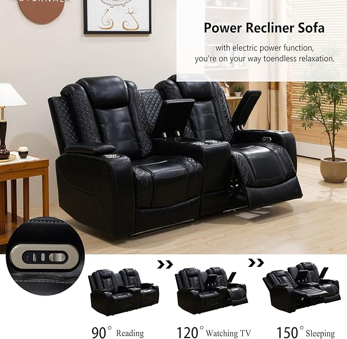 Breathing Leather Power Recliner Sofa Set, Reclining Sofa Set with LED/Cup Holders/Storage/USB Port, 3 Piece Home Theater Seating Couches for Living Room (Black Upgared)