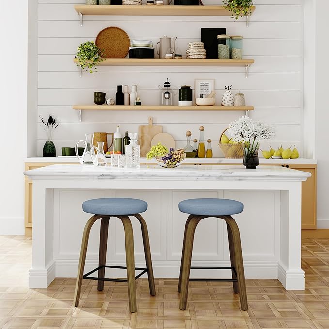Bar Stools Set of 2, Counter Height Backless Bar Stools, 26" Swivel Barstools Kitchen Chair with Upholstered Fabric Seat, Blue