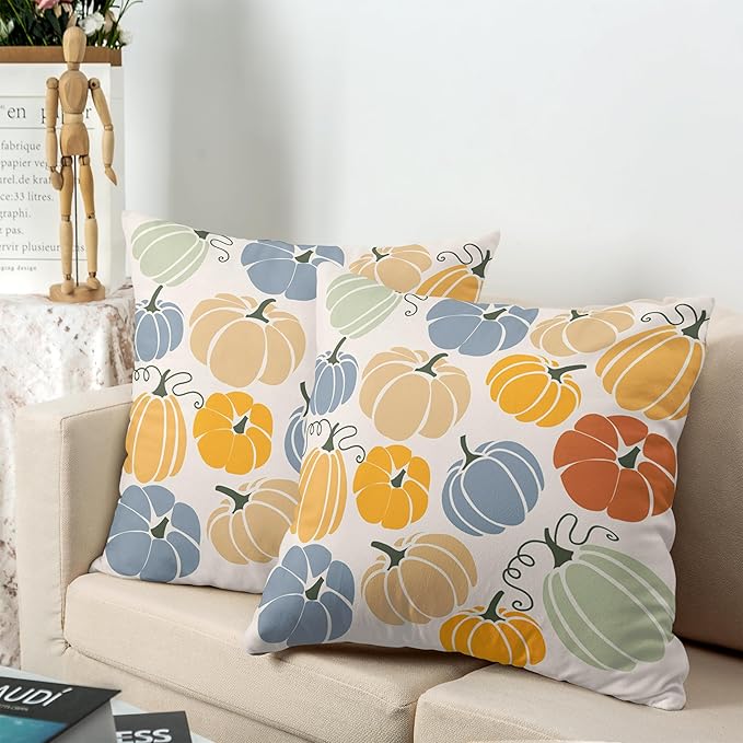 Fall Thanksgiving Throw Pillow Covers 18x18 Set of 2 Orange Yellow Blue Pumpkins Pillow Covers Colorful Autumn Outdoor Pillow Case Cotton Blend Cushion Case for Couch Patio Bed Car