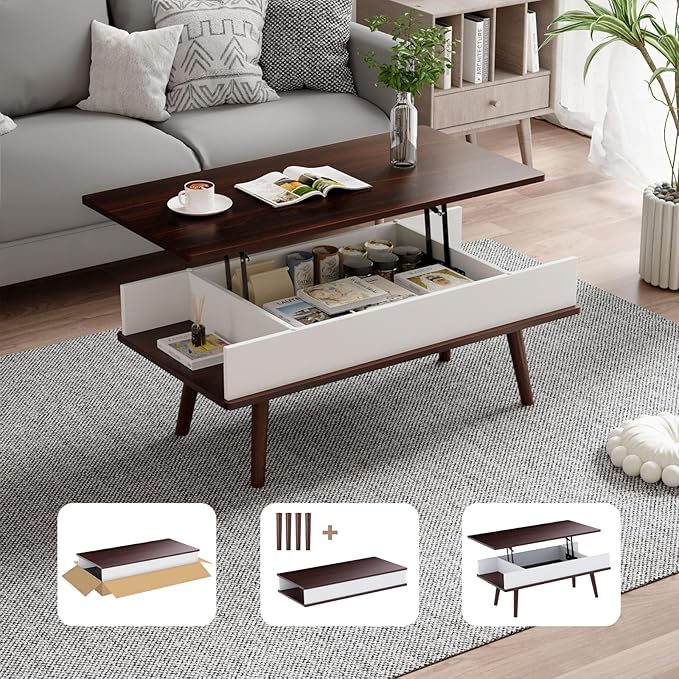 Lift Top Coffee Table, One Minute No Assembly Required Rising Tabletop Center Table with Large Hidden Storage Compartment, Open Shelf, Anti-Pinch Design Mute for Living Room (Black Walnut)