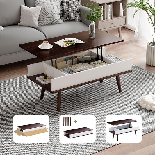 Lift Top Coffee Table, One Minute No Assembly Required Rising Tabletop Center Table with Large Hidden Storage Compartment, Open Shelf, Anti-Pinch Design Mute for Living Room (Black Walnut)