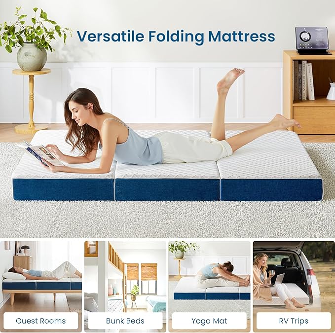 Inofia Queen Size 6 Inch Folding Mattress, Trifold Gel Memory Foam Bed, Foldable Floor Mattress with Removable Cover, Portable Floor Guest Bed for RV, Camping (80"x60"x6")