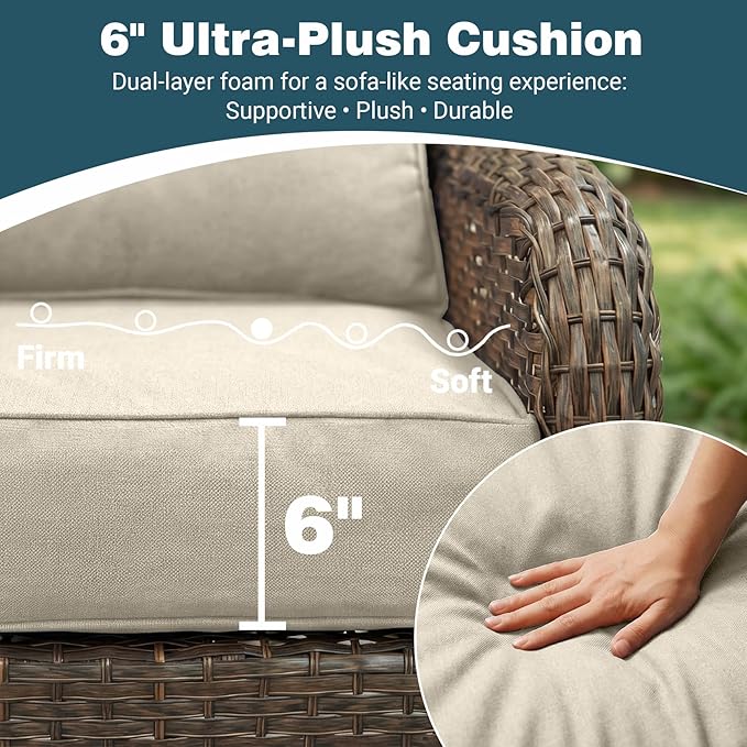 Patio Furniture Set, 7PCS Outdoor Wicker Conversation Set with 6" Thick Cushions, High Back Rattan Sofa & Swivel Rocker Chairs, Weather Resistant Olefin Fabric for Garden, Poolside, Beige