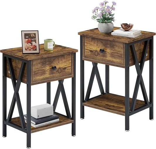 VECELO End Tables, Modern Nightstand with Drawer & Shelf, Night Stand for Bedroom Living Room,Industrial Metal Frame