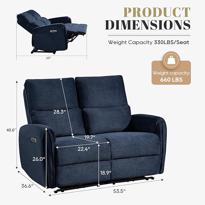 53.5" Zero Wall Hugger Power Reclining Loveseat Sofa with USB & Type-C Ports, Electric Recliner Loveseat with Lumbar Pillows, Small Space Wall Hugger Reclining Couch for Living Room & RV (Navy Blue)