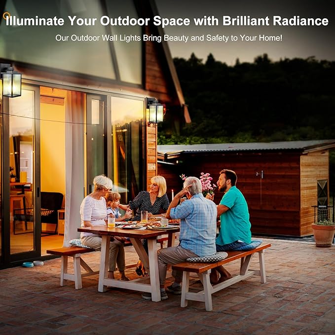 Outdoor Wall Lights for House Exterior - IP65 Waterproof Porch Lights with Textured Glass & Matte Black Metal, Easy Install Exterior Lighting Fixtures for Garage, Front Door
