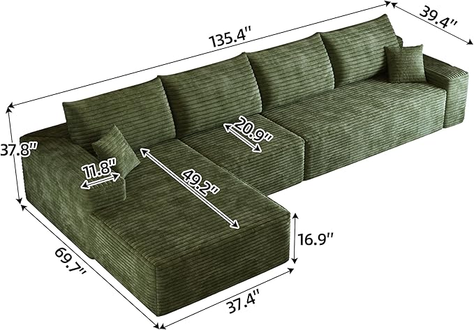 135" Corduroy Couch Sectional with Chaise, L Shape Boneless Cloud Couches for Living Room Bedroom, Modular Corner Couch, Fluffy Deep Seat Compression Sofa, Left Facing Chaise, No Assembly, Green