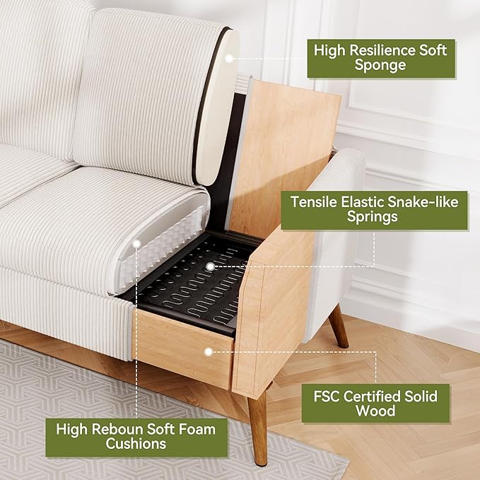 68" Loveseat Sofa, Comfy White Corduroy Couches for Living Room, Mid Century Modern Love Seat Sofa, Tool-Free Setup Small Couches for Bedroom Office