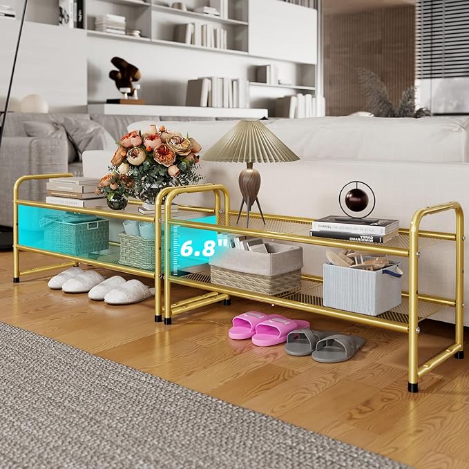 SUFAUY 2 Tier 33" Wide Shoe Rack Closet Metal Mesh, Stackable, Gold