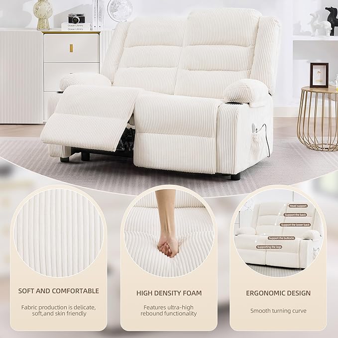 52Inch Power Loveseat Recliner,Electric Reclining Loveseat Sofa,Adjustable Love seat Recliner Sofa for Living Room,Bedroom with Charging Ports (Striped White)