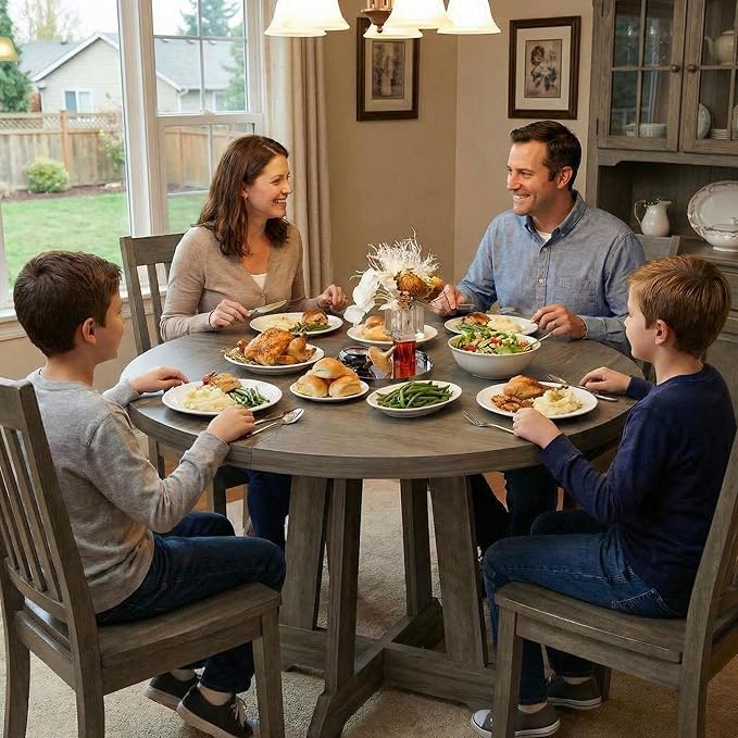GarveeHome Round Dining Table for 4, 47 Inches Dining Room Table with Wooden Base, Kitchen Table with Circle Tabletop, Dinner Table for Dining Room, Kitchen, Living Room, Grey