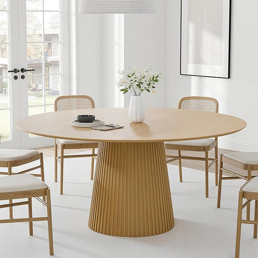 Casaphoria 60" Round Dining Table, Modern Wood Kitchen Table with Cone Grating Bar Base for Living Room & Dining Room, Easy Assembly Farmhouse Furniture for 4-6, Oak